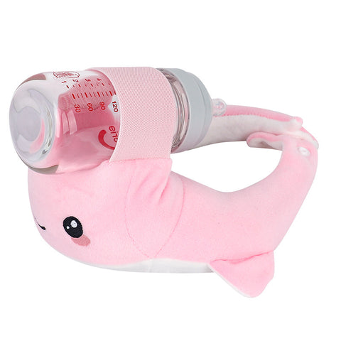 Pink plush shark toy with a transparent bottle attached on a white background
