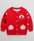 Red children's cardigan with rainbow and cloud design on a white background