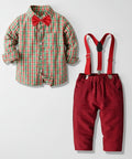 Children's outfit with red and green checkered shirt, red bow tie, and red pants with suspenders on a white background.