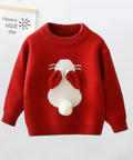 Red sweater with a cartoon face design on a white background