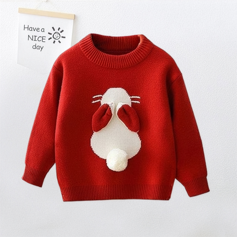 Red sweater with a cartoon face design on a white background
