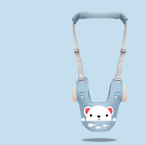 Light blue baby walker with a bear design on a light blue background