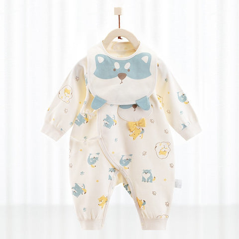 Cartoon Design Soft Cotton Jumpsuit and Matching Bib Set