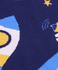 Navy blue sock with space-themed design featuring a rocket and stars.