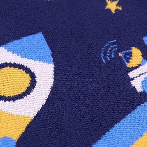 Navy blue sock with space-themed design featuring a rocket and stars.