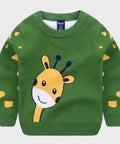 Green sweater with a giraffe design on a white background