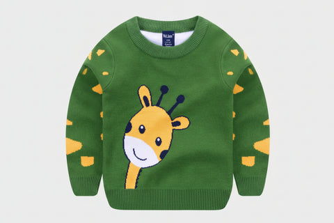 Green sweater with a giraffe design on a white background