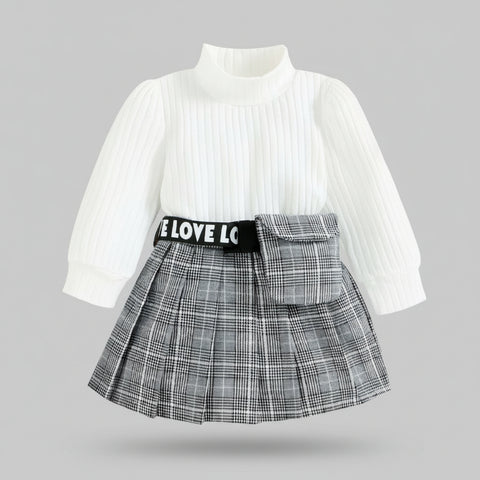 Cozy Ribbed Knit Turtleneck Pullover and Plaid Skirt Set