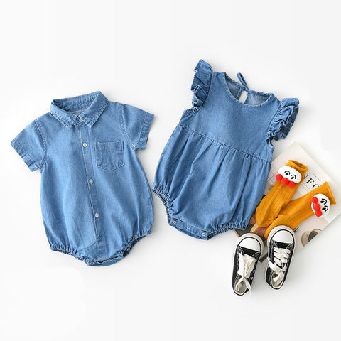 Denim Collared Romper and Ruffle Romper Set