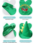 Green dinosaur-themed product with adjustable strap, three-dimensional design, and cute character on a white background.
