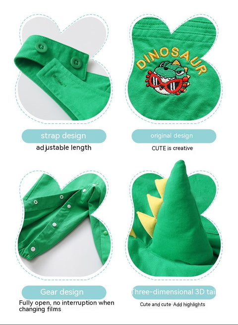 Green dinosaur-themed product with adjustable strap, three-dimensional design, and cute character on a white background.