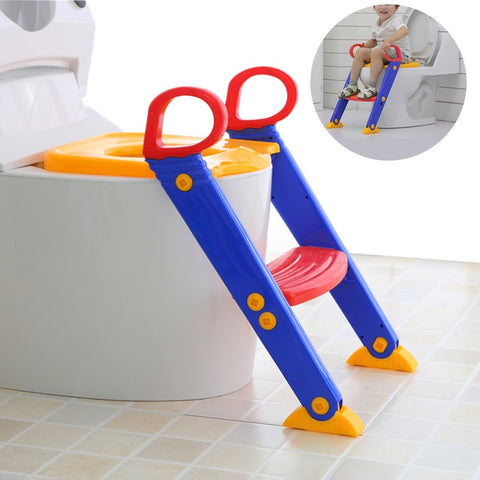 Children's potty training seat with ladder on a toilet, inset showing a child using it.