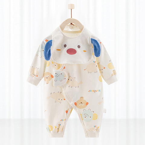 Cartoon Design Soft Cotton Jumpsuit and Matching Bib Set