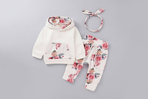 Gentle Cotton Floral Hoodie, Headband and Pants Set