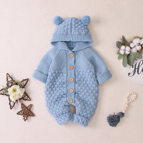 Cozy Knit Hooded Romper with Wooden Buttons