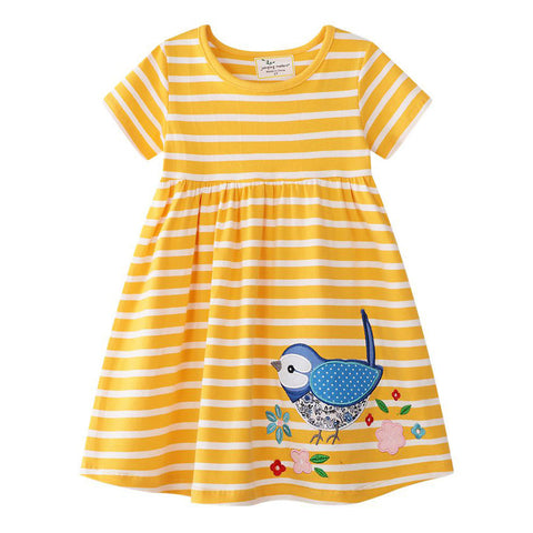 Yellow and white striped dress with a blue bird design on a white background