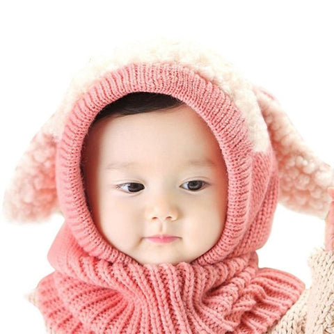 Cotton-wool knitted hood hat with floppy ears