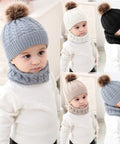 Collage of children wearing knit hats with pom-poms and scarves.