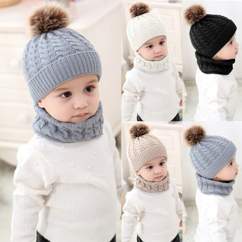 Collage of children wearing knit hats with pom-poms and scarves.