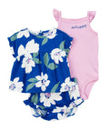 Blue floral baby romper and pink 'so happy' baby bodysuit on a white background
