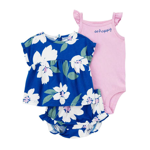 Blue floral baby romper and pink 'so happy' baby bodysuit on a white background