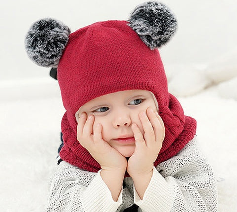 Fleece-Lined Hat with Pom Pom Ears