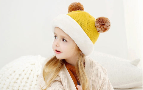 Fleece-Lined Hat with Pom Pom Ears