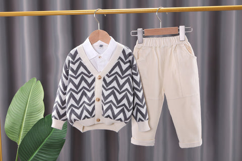 chevron cardigan, shirt and  beige pants set 