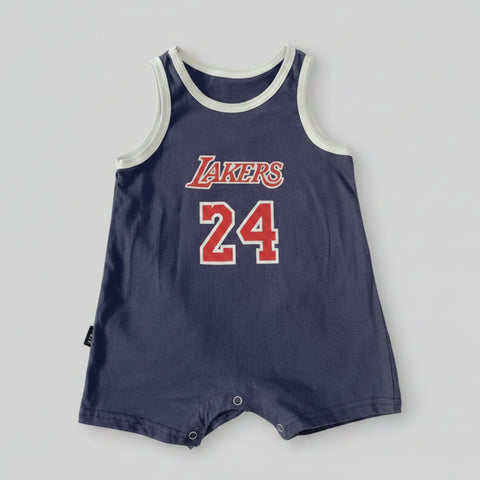Navy blue romper with 'Lakers' and number '8' on a white background