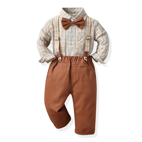 Gentleman Plaid Shirt, Suspender Pants and Bow Tie Set