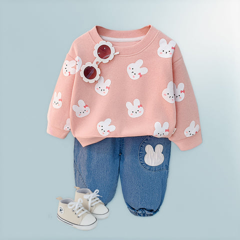 Playful Bunny & Bear Print Sweatshirt and Jeans Set