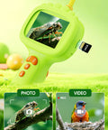 Green handheld device with screen displaying a bug, on a green background