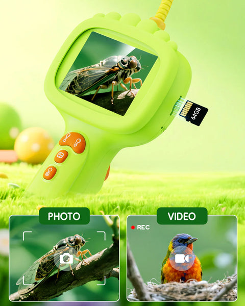 Green handheld device with screen displaying a bug, on a green background