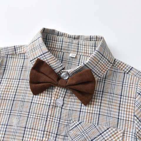 Gentleman Plaid Shirt, Suspender Pants and Bow Tie Set
