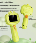 Toy device with screen and buttons on a light green background