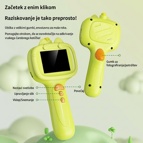 Toy device with screen and buttons on a light green background