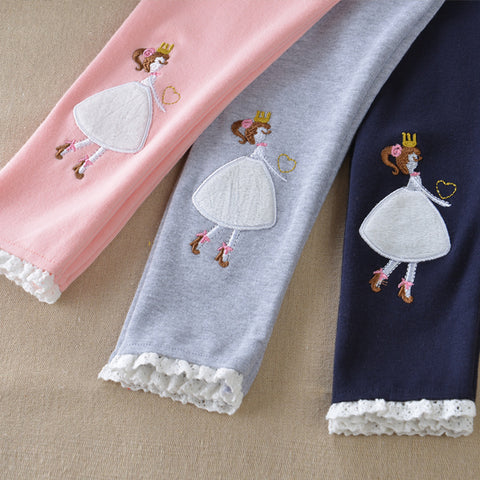 Soft Cotton Leggings with Princess Embroidery