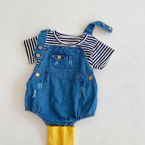 Romper and T-Shirt Denim Strap Stripe Pattern Set