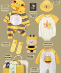 Gift set box with Little Bee-themed baby clothing and accessories on a beige background.