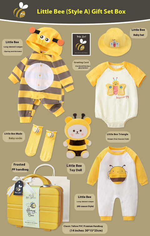 Gift set box with Little Bee-themed baby clothing and accessories on a beige background.