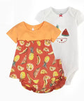 Baby romper with fruit pattern and white onesie with watermelon design on a white background