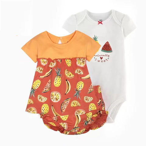 Baby romper with fruit pattern and white onesie with watermelon design on a white background