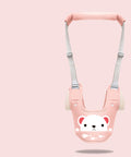 Pink baby walker with a cartoon design on a pink background