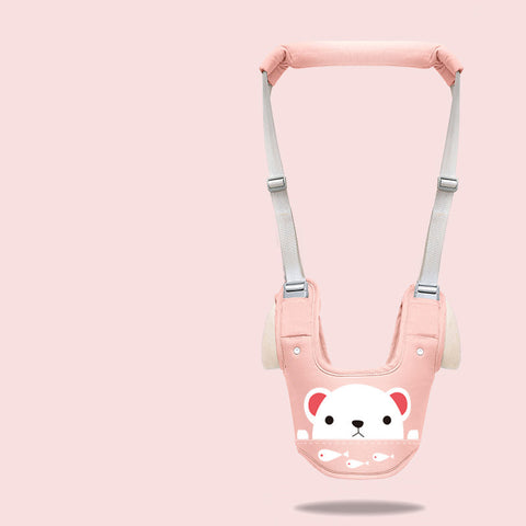 Pink baby walker with a cartoon design on a pink background