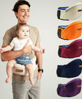 Man holding a baby in a beige baby carrier with various color options displayed on a white background.