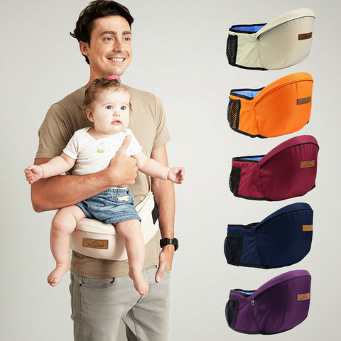 Man holding a baby in a beige baby carrier with various color options displayed on a white background.