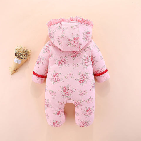 Warm Cotton Floral Jumpsuit with Detachable Hood