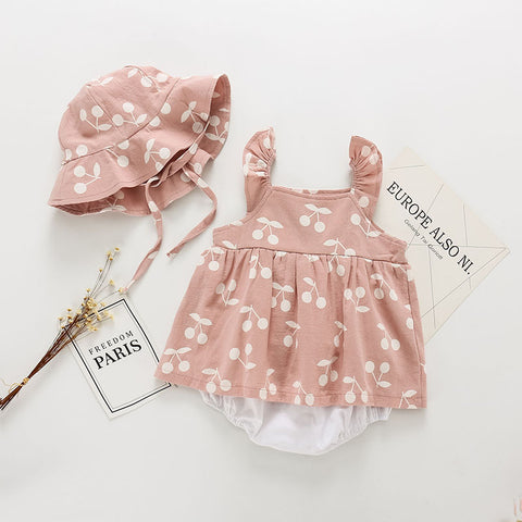 Soft Cotton Cherry Print Dress with Matching Hat Set
