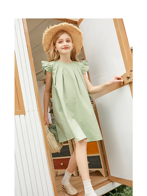 Cotton Blend Dress Flutter Sleeve Detail