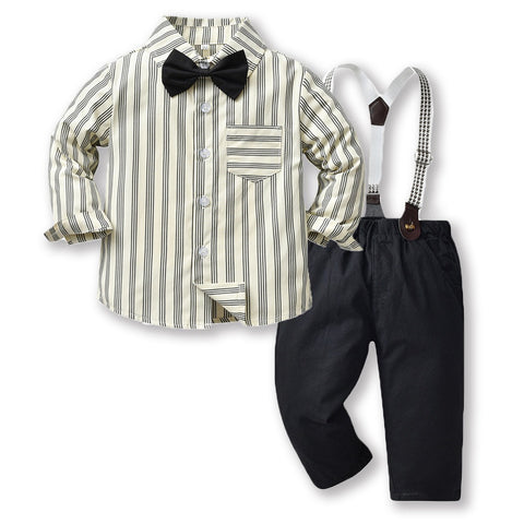 Gentleman Plaid Shirt, Suspender Pants and Bow Tie Set